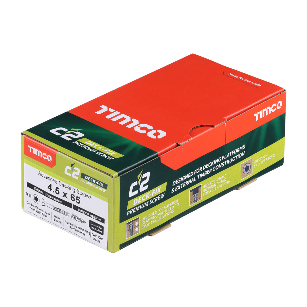 This is an image of Timco - C2 Deck-Fix Screws - TX - Countersunk with Ribs - Twin-Cut - Green 4.5 x 65mm - (250 PCS Box) 65C2D250BX
