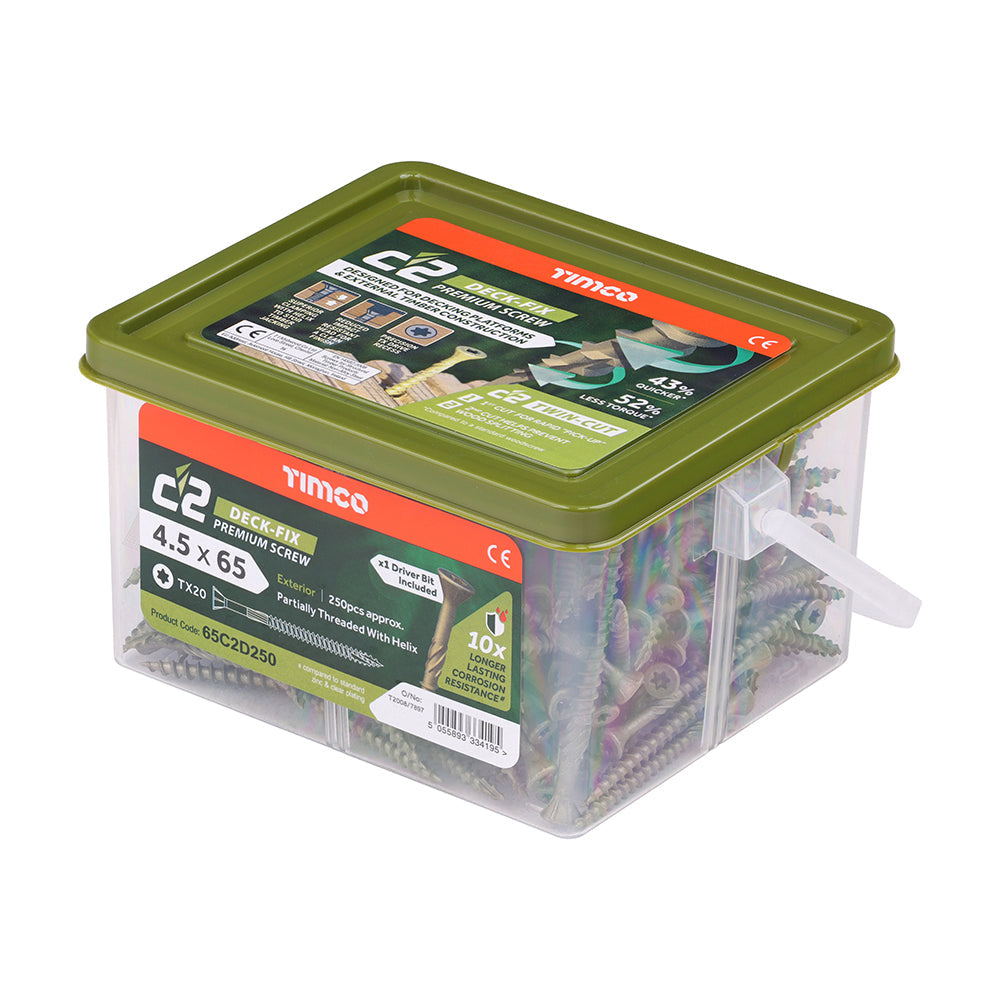 This is an image of Timco - C2 Deck-Fix Screws - TX - Countersunk with Ribs - Twin-Cut - Green 4.5 x 65mm - (250 PCS Tub) 65C2D250