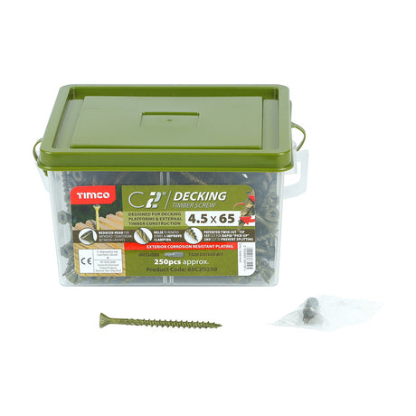 This is an image of Timco - C2 Deck-Fix Screws - TX - Countersunk with Ribs - Twin-Cut - Green 4.5 x 65mm - (250 PCS Tub) 65C2D250