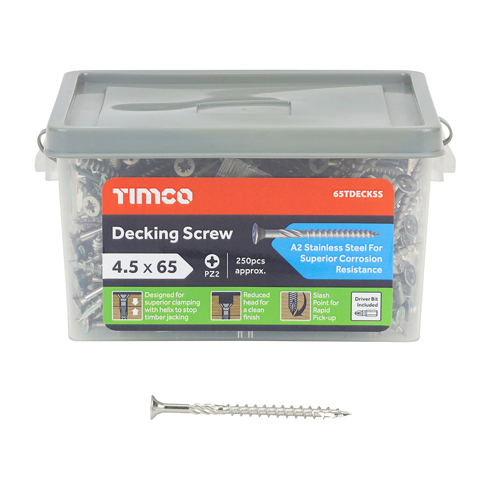 This is an image of Timco - Decking Screws - PZ - Double Countersunk - Stainless Steel 4.5 x 65mm - (250 PCS Tub) 65TDECKSS