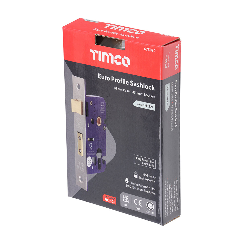 This is an image of Timco - Euro Sashlock - Satin Nickel 66 case / 45.5 backset (1 Each Box) 675020
