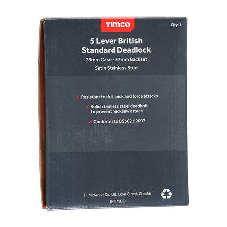 This is an image of Timco - 5 Lever British Standard Deadlock - Stainless Steel - Satin 78 case / 57 backset (1 Each Box) 675220