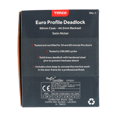 This is an image of Timco - Euro Deadlock - Satin Nickel 66 case / 45 backset (1 Each Box) 675513