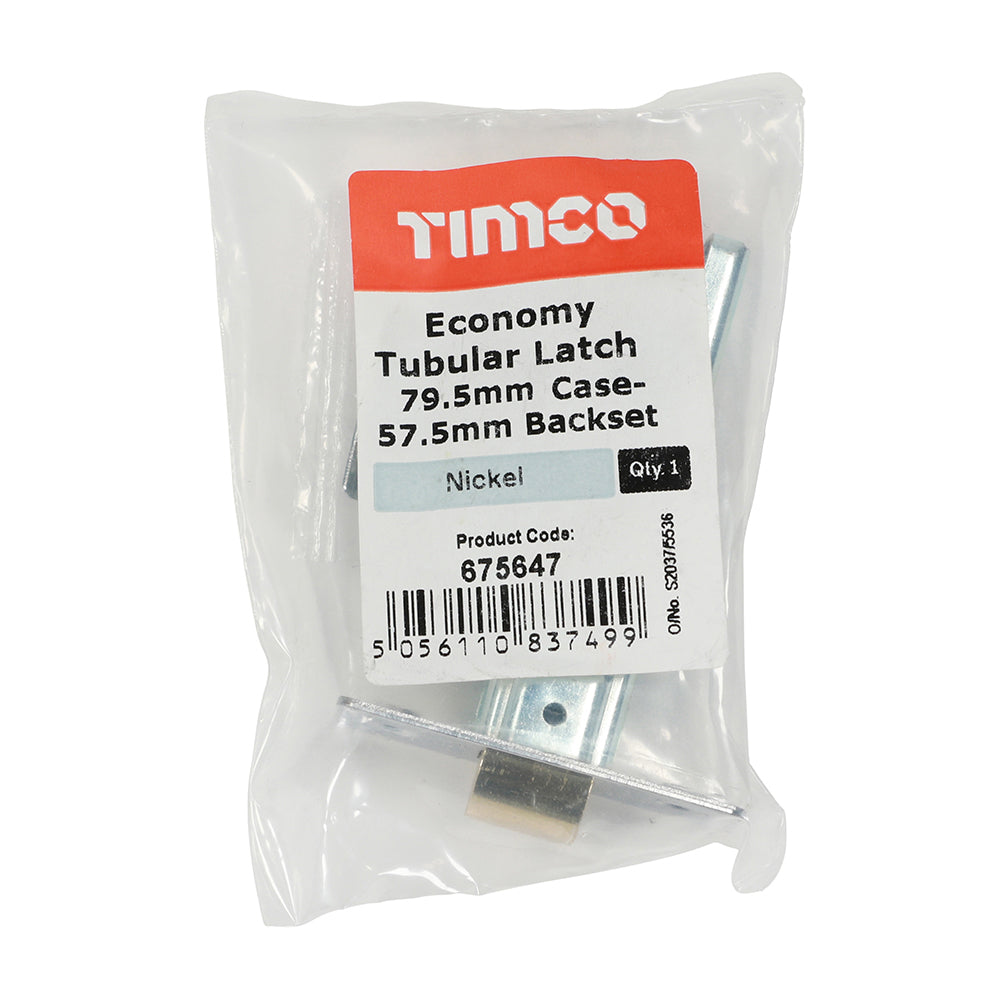 This is an image of Timco - Economy Tubular Latch - Nickel 79.5 case / 57.5 backset (1 Each Plain Bag) 675647