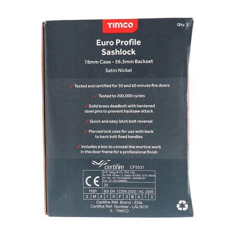 This is an image of Timco - Euro Sashlock - Satin Nickel 78 case / 56 backset (1 Each Box) 675852