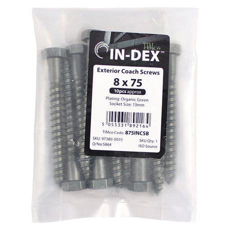 This is an image of Timco - Coach Screws - Hex - Exterior - Green 6.0 x 75mm - (10 PCS Bag) 675INCSB