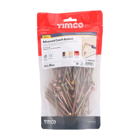 This is an image of Timco - Advanced Coach Screws - Hex Flange - Yellow 6.0 x 80mm - (80 PCS TIMbag) 680SCSYB