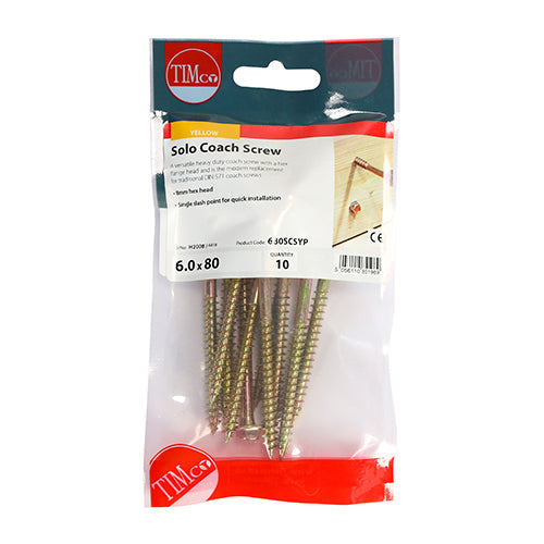 This is an image of Timco - Solo Coach Screws - Hex Flange - Yellow 6.0 x 80mm - (10 PCS TIMpac) 680SCSYP