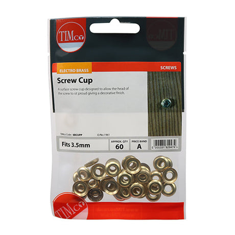 This is an image of Timco - Screw Cups - Electro Brass To fit 6 Gauge Screws - (60 PCS TIMpac) 6BCUPP