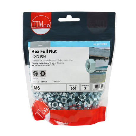 This is an image of Timco - Hex Full Nuts - Zinc M6 - (600 PCS TIMbag) 6HNUTZB