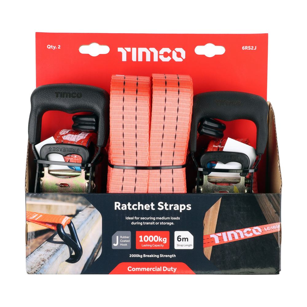 This is an image of Timco - Ratchet Straps - J Hook - Commercial Duty 6m x 35mm (2 Pieces Box) 6RS2J
