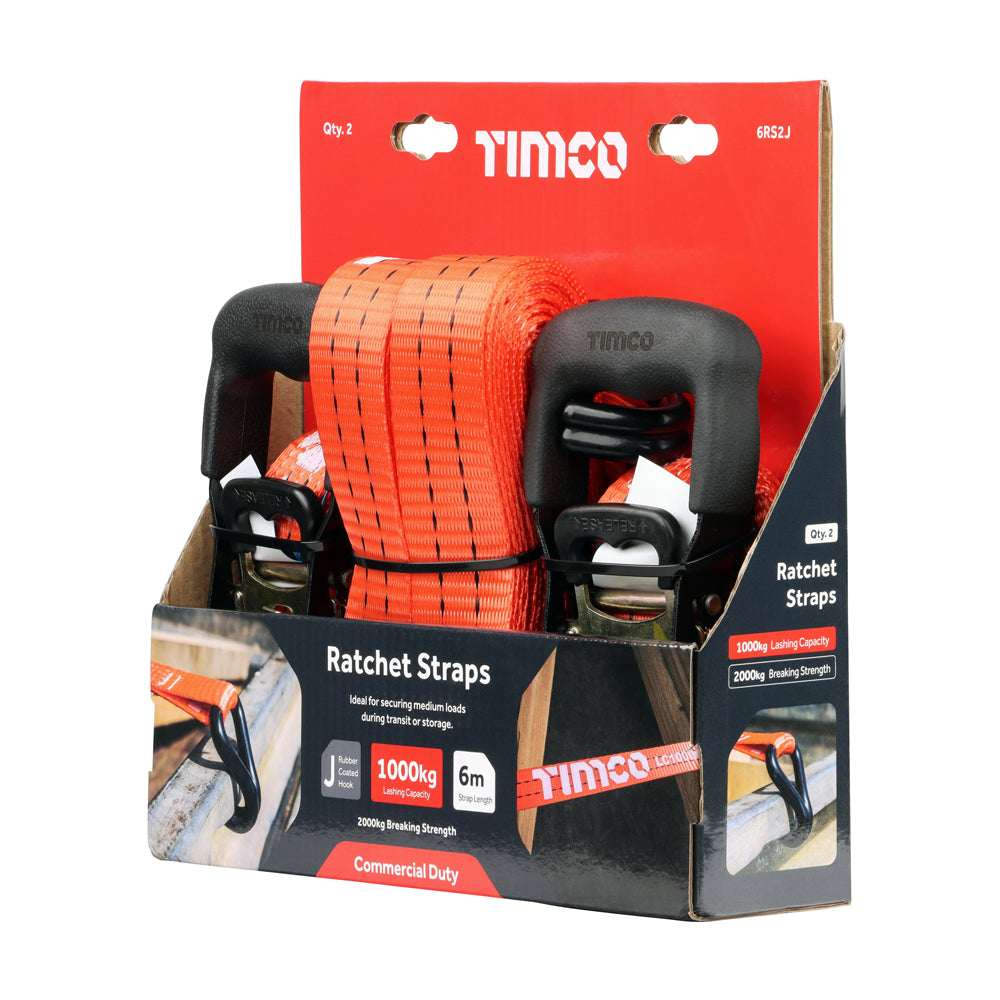 This is an image of Timco - Ratchet Straps - J Hook - Commercial Duty 6m x 35mm (2 Pieces Box) 6RS2J