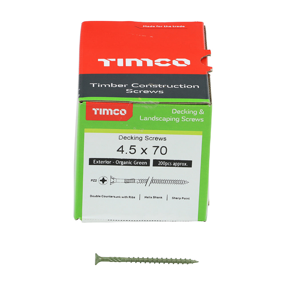 This is an image of Timco - Decking Screws - PZ - Double Countersunk - Exterior - Green 4.5 x 70mm - (200 PCS Box) 70TDECK