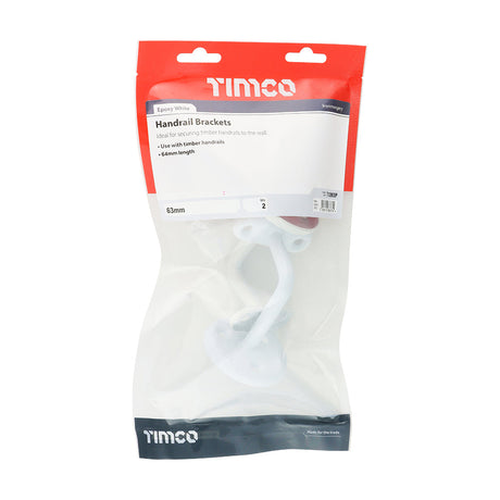 This is an image of Timco - Steel Handrail Brackets - White 63mm (2 Pieces TIMbag) 712893P