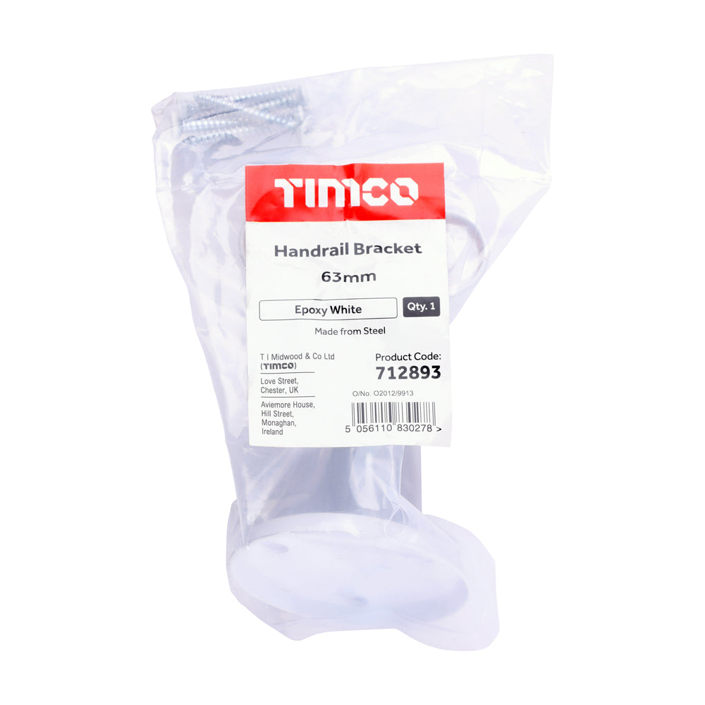 This is an image of Timco - Steel Handrail Bracket - White 63mm (1 Each Bag) 712893