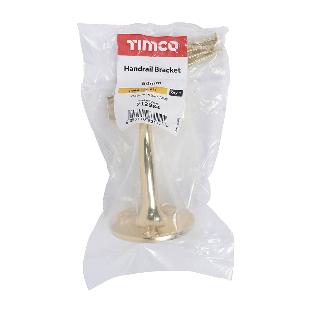This is an image of Timco - Handrail Bracket - Electro Brass 64mm (1 Each Bag) 712964