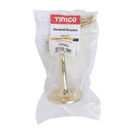 This is an image of Timco - Handrail Bracket - Electro Brass 64mm (1 Each Bag) 712964