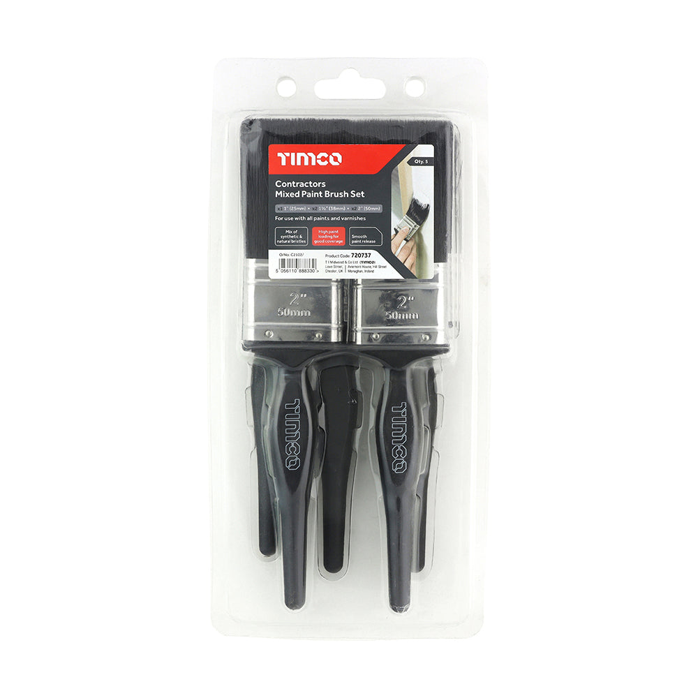 This is an image of Timco - Contractors Mixed Paint Brush Set 5pcs (5 Pieces Clamshell) 720737