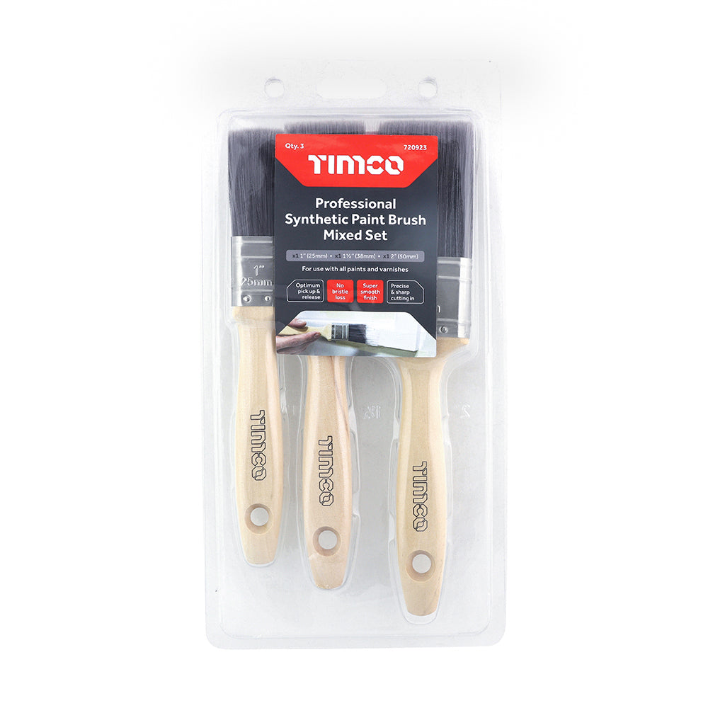 This is an image of Timco - Professional Synthetic Paint Brush Mixed Set 3pcs (3 Pieces Clamshell) 720923