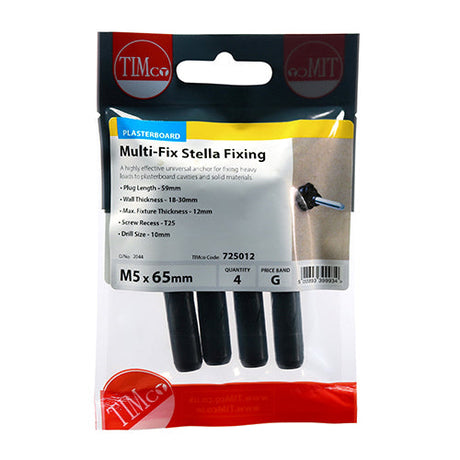 This is an image of Timco - Stella Fixings - TX - Pan - Black M5 x 65mm - (4 PCS TIMpac) 725012