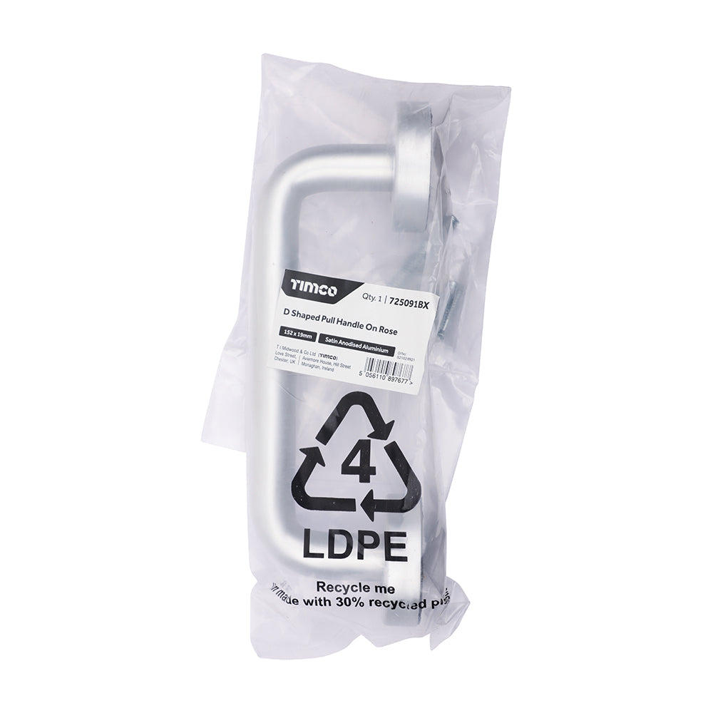 This is an image of Timco - D Shaped Pull Handle On Rose - Satin Anodised Aluminium 152 x 19 (1 Each Bag) 725091BX
