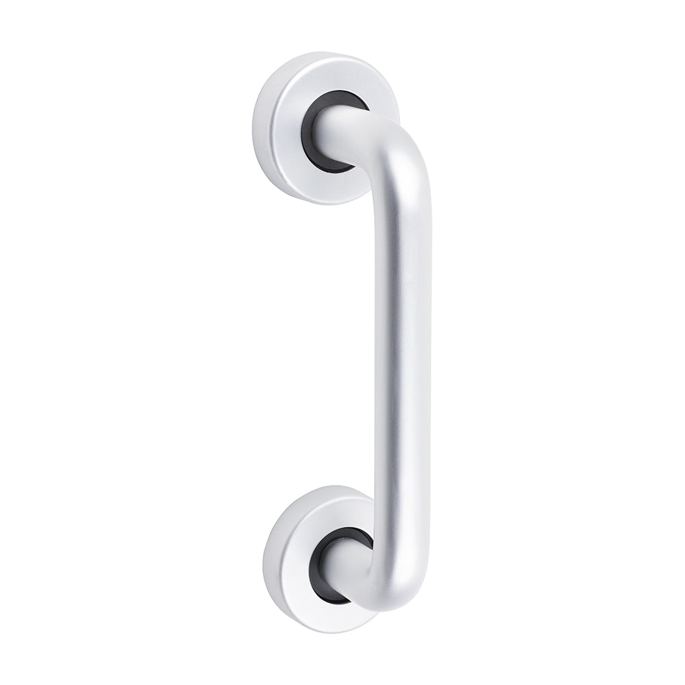 This is an image of Timco - D Shaped Pull Handle On Rose - Satin Anodised Aluminium 152 x 19 (1 Each TIMbag) 725091