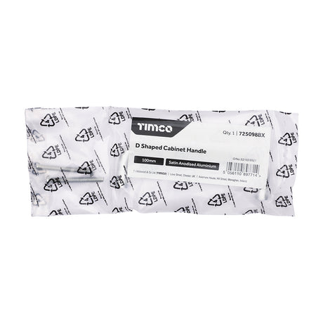 This is an image of Timco - D Shaped Cabinet Handle - Satin Anodised Aluminium 100mm (1 Each Bag) 725098BX