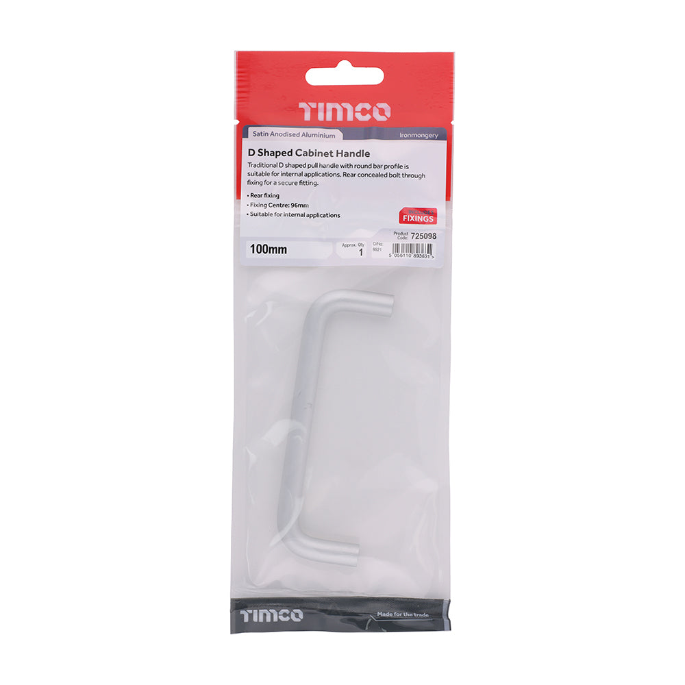 This is an image of Timco - D Shaped Cabinet Handle - Satin Anodised Aluminium 100mm (1 Each TIMpac) 725098