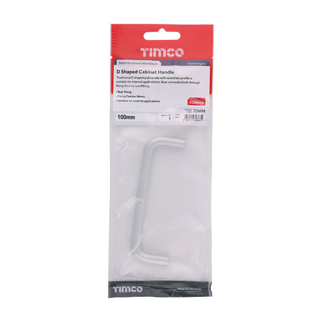 This is an image of Timco - D Shaped Cabinet Handle - Satin Anodised Aluminium 100mm (1 Each TIMpac) 725098