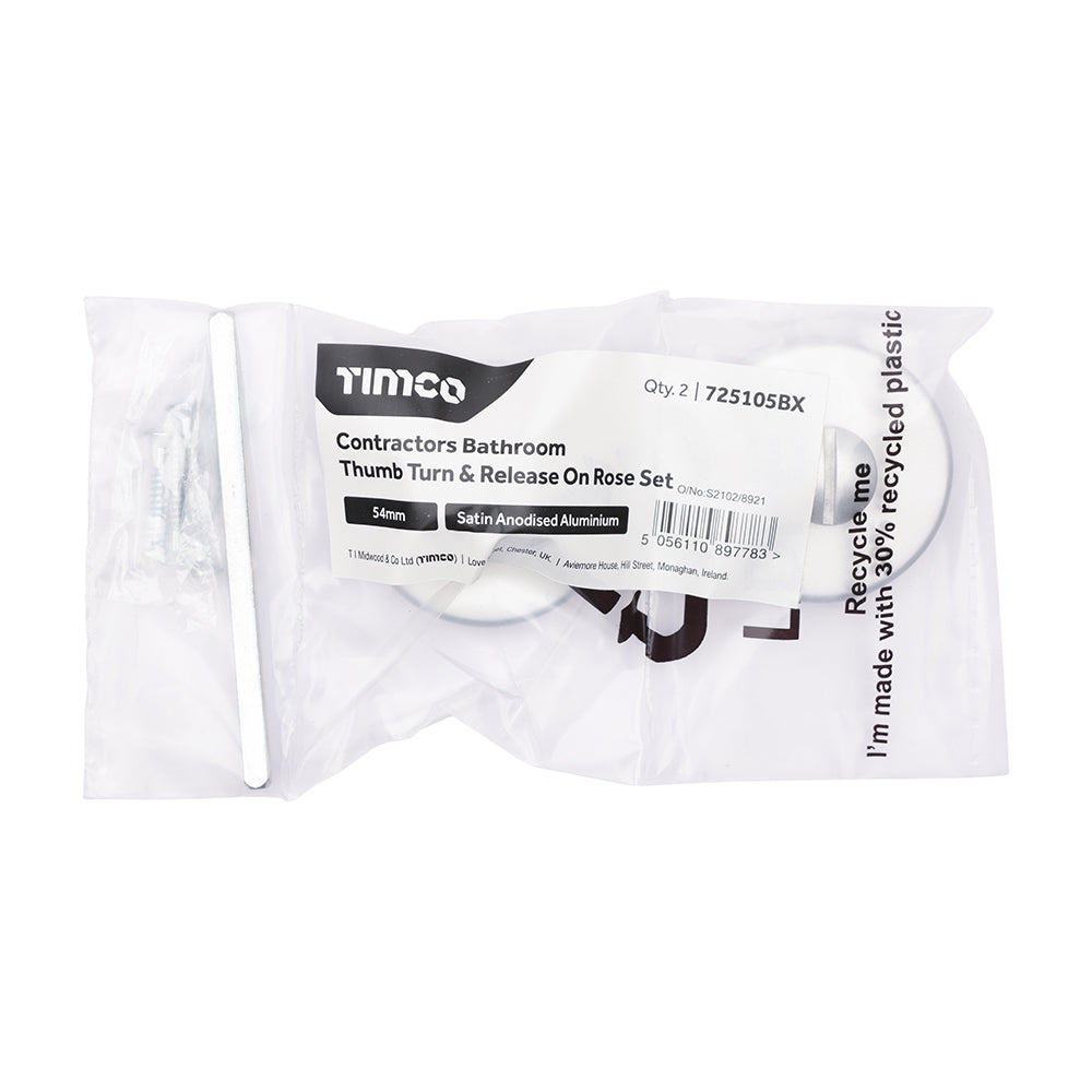 This is an image of Timco - Contractors Bathroom Thumb Turn & Release On Rose Set - Satin Anodised Aluminium 54mm (1 Pairs Bag) 725105BX