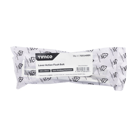 This is an image of Timco - Lever Action Flush Bolt - Satin Anodised Aluminium 155 x 20 (1 Each Bag) 725140BX