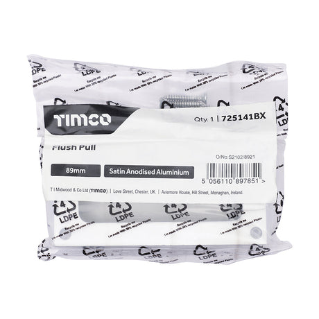 This is an image of Timco - Flush Pull - Satin Anodised Aluminium 89mm (1 Each Bag) 725141BX