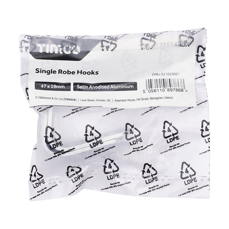 This is an image of Timco - Single Robe Hook - Satin Anodised Aluminium 47 x 19 (2 Pieces Bag) 725142BX