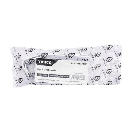 This is an image of Timco - Hat & Coat Hooks - Satin Anodised Aluminium 125 x 19 (2 Pieces Bag) 725144BX