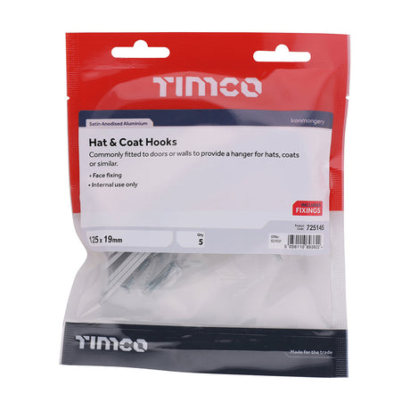 This is an image of Timco - Hat & Coat Hooks - Satin Anodised Aluminium 125 x 19 (5 Pieces TIMbag) 725145