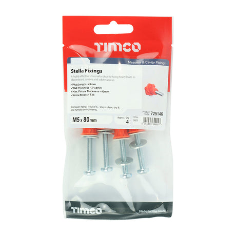 This is an image of Timco - Stella Fixings - TX - Pan - Red M5 x 80mm - (4 PCS TIMpac) 725146