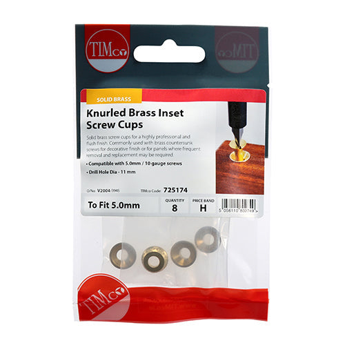 This is an image of Timco - Knurled Inset Screw Cups - Solid Brass To fit 4.8, 5.0 Screw - (8 PCS TIMpac) 725174