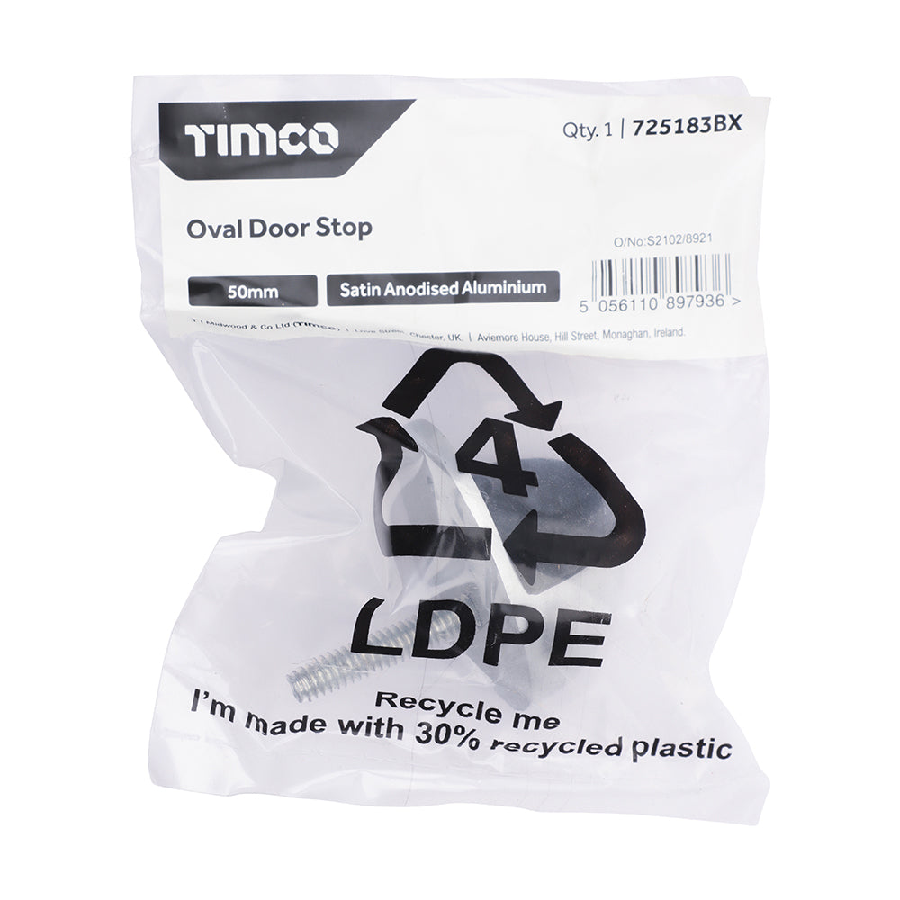This is an image of Timco - Oval Door Stop - Satin Anodised Aluminium 50mm (1 Each Bag) 725183BX