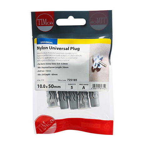This is an image of Timco - Nylon Universal Plugs 10.0 x 50mm - (5 PCS TIMpac) 725185