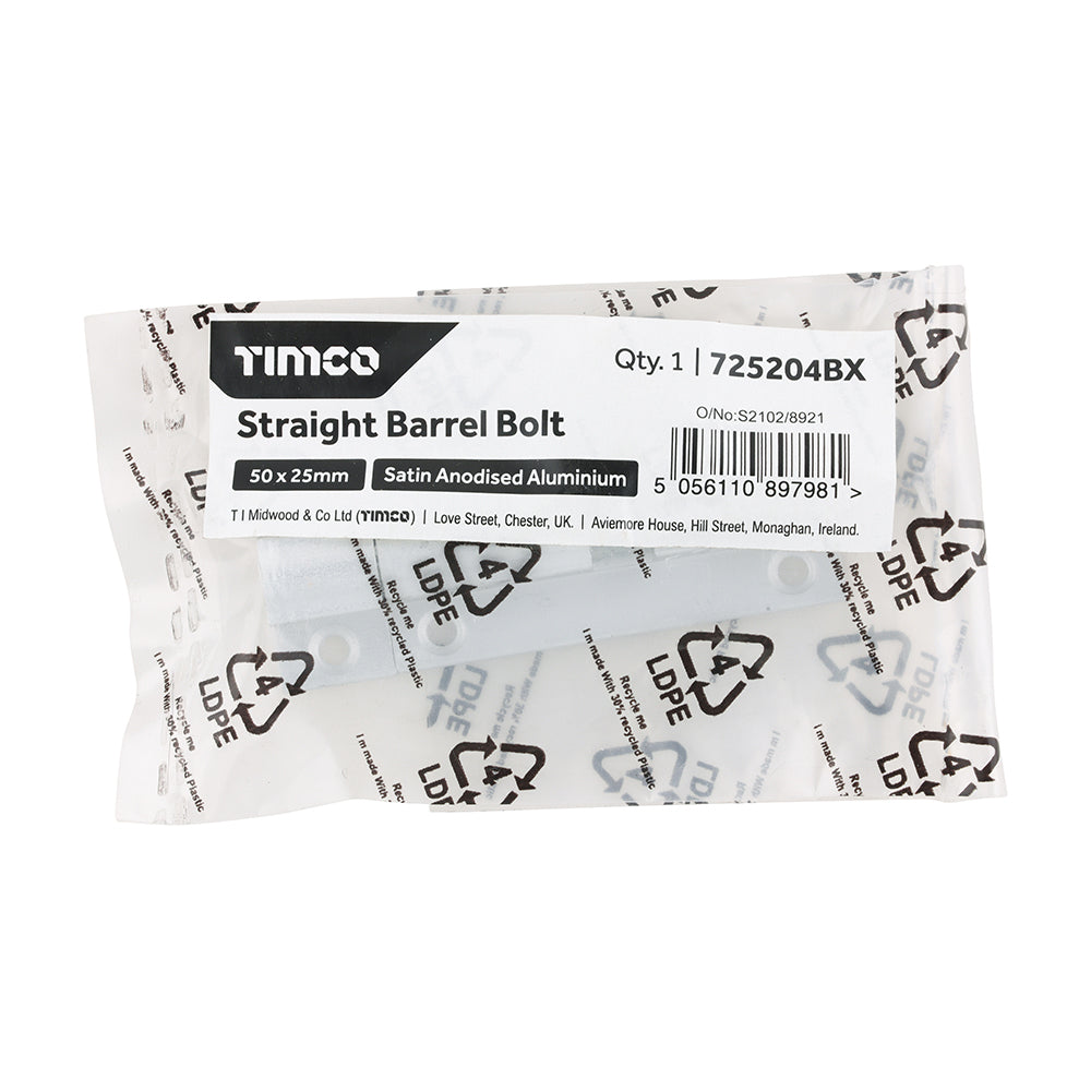 This is an image of Timco - Straight Barrel Bolt - Satin Anodised Aluminium 50 x 25 (1 Each Bag) 725204BX