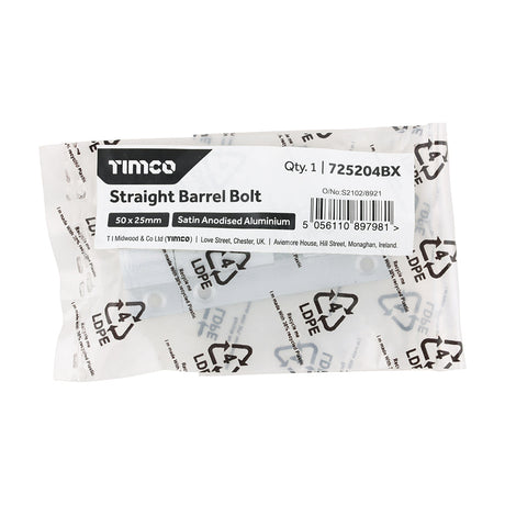 This is an image of Timco - Straight Barrel Bolt - Satin Anodised Aluminium 50 x 25 (1 Each Bag) 725204BX