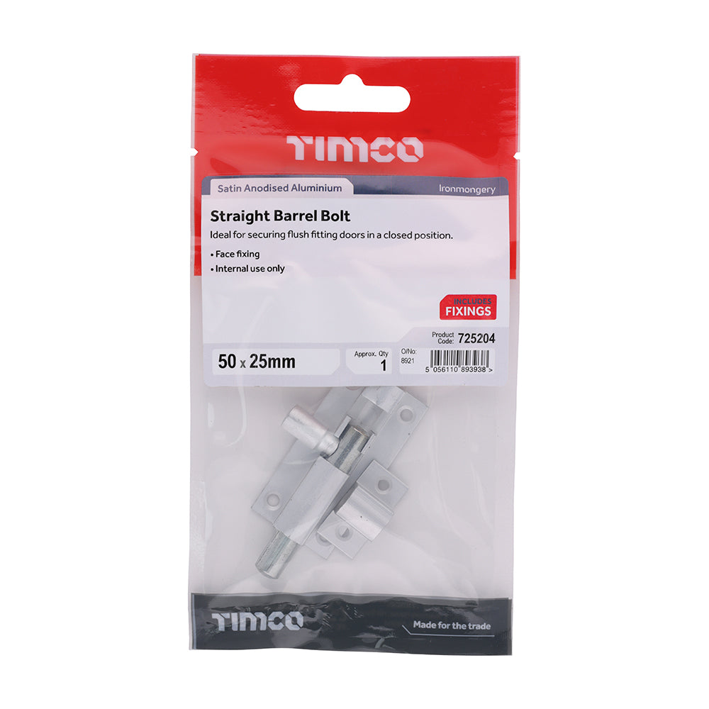 This is an image of Timco - Straight Barrel Bolt - Satin Aluminium 50 x 25 (1 Each TIMpac) 725204