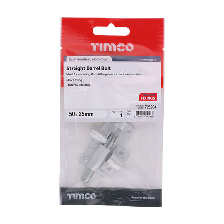 This is an image of Timco - Straight Barrel Bolt - Satin Aluminium 50 x 25 (1 Each TIMpac) 725204