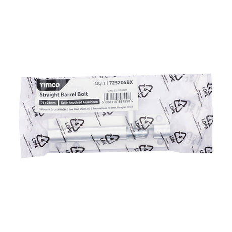 This is an image of Timco - Straight Barrel Bolt - Satin Anodised Aluminium 75 x 25 (1 Each Bag) 725205BX