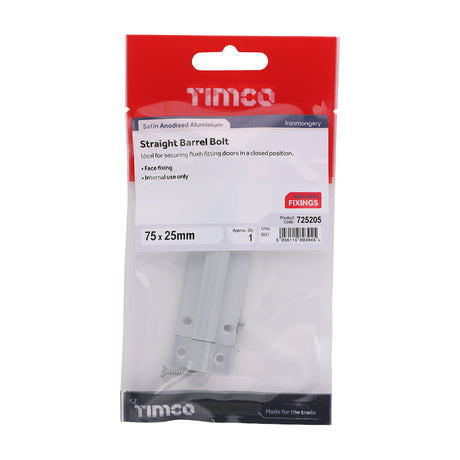 This is an image of Timco - Straight Barrel Bolt - Satin Aluminium 75 x 25 (1 Each TIMpac) 725205