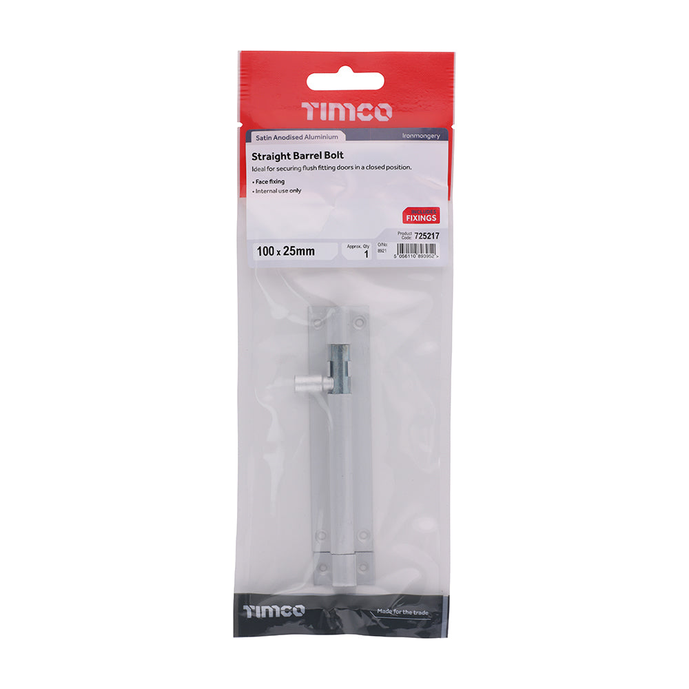 This is an image of Timco - Straight Barrel Bolt - Satin Aluminium 100 x 25 (1 Each TIMpac) 725217