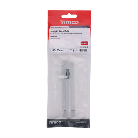 This is an image of Timco - Straight Barrel Bolt - Satin Aluminium 100 x 25 (1 Each TIMpac) 725217