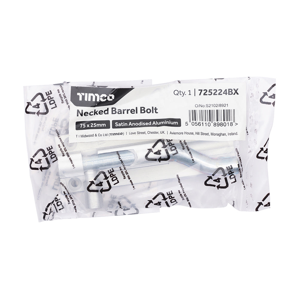 This is an image of Timco - Necked Barrel Bolt - Satin Anodised Aluminium 75 x 25 (1 Each Bag) 725224BX