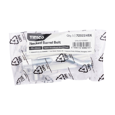 This is an image of Timco - Necked Barrel Bolt - Satin Anodised Aluminium 75 x 25 (1 Each Bag) 725224BX