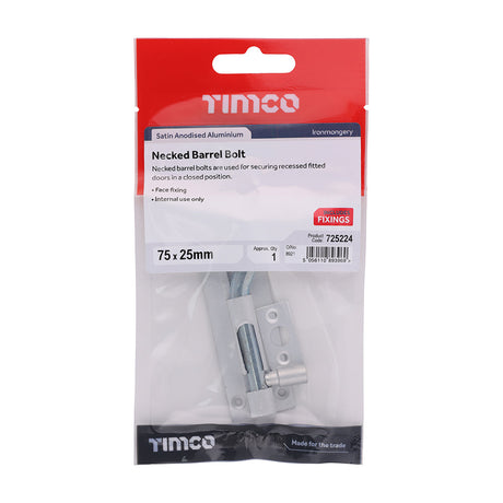This is an image of Timco - Necked Barrel Bolt - Satin Anodised Aluminium 75 x 25 (1 Each TIMpac) 725224